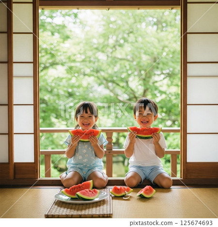 Elementary school students eating watermelon on the veranda of an old house 125674693