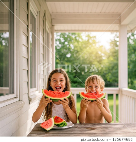 Elementary school students eating watermelon on the veranda of an old house 125674695