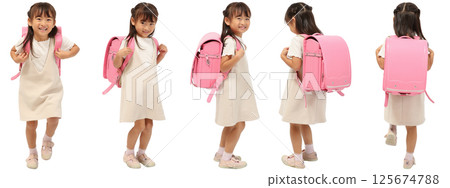 Full body girl with pink school bag on white background Full body girl with pink school bag on white background 125674788