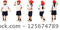 穿著紅白相間的帽子和白色背景的運動服的孩子 125674789