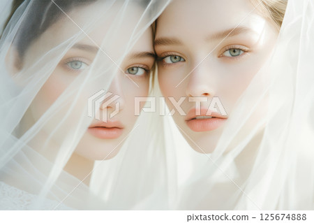 Elegant twin sisters posed under delicate veils with subtle expressions and soft lighting, AI Generative Elegant twin sisters posed under delicate veils with subtle expressions and soft lighting, AI Generative 125674888