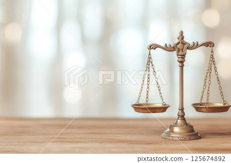 Elegant brass balance scale on wooden surface with bokeh background symbolizing justice and fairness in legal context, AI Generative 125674892
