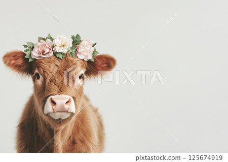 Adorable calf wearing floral crown against a plain background, AI Generative 125674919