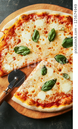 Freshly baked margherita pizza with basil on wooden board and pizza cutter, highlighting delicious melted cheese and thick tomato sauce, AI Generative 125674949