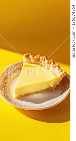 Slice of creamy lemon tart on a vintage plate against a bright yellow background, AI Generative 125674954