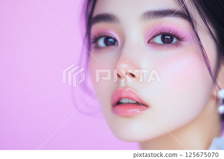 Close up of a young woman with bright makeup and pearl earrings against a soft pink background, AI Generative Close up of a young woman with bright makeup and pearl earrings against a soft pink background, AI Generative 125675070