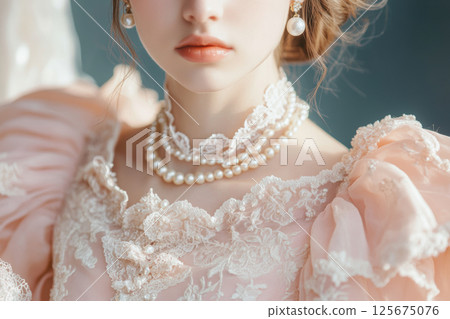Elegant woman in vintage lace dress and pearl jewelry reflecting timeless beauty in soft lighting, AI Generative 125675076