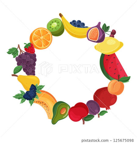 Fruit wreath with various tropical fruits isolated on white background 125675098