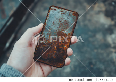 Rusty smartphone in hand depicting decay and neglect in urban setting, AI Generative Rusty smartphone in hand depicting decay and neglect in urban setting, AI Generative 125675208
