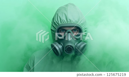 Mysterious adult in gas mask amid thick green smoke capturing eerie atmosphere, AI Generative 125675219