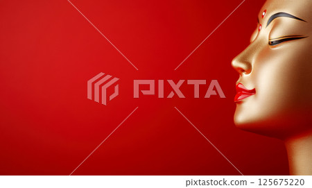 Golden buddha statue with serene expression on deep red background spiritual calmness zen tranquility focus, AI Generative 125675220