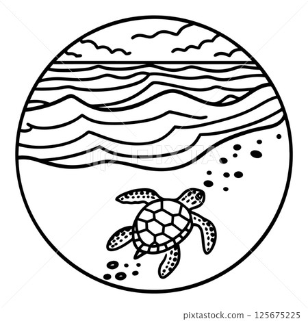 Sea turtle on beach illustration with ocean waves and cloudy sky in circular design, AI Generative 125675225