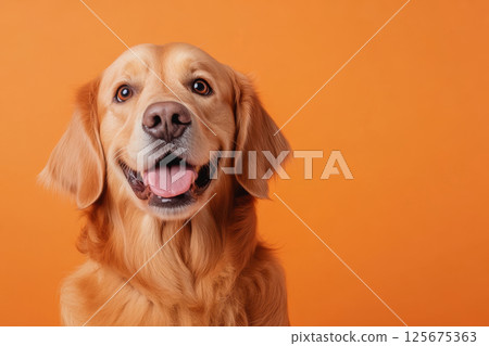 Golden retriever with bright orange background smiling happily in studio setting, AI Generative Golden retriever with bright orange background smiling happily in studio setting, AI Generative 125675363