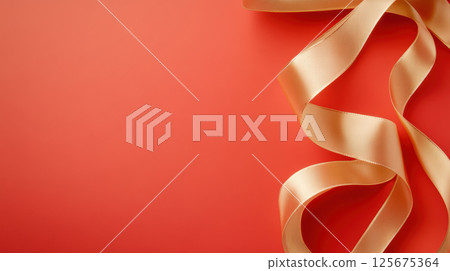 Elegant gold ribbon curved gracefully on a soft red background for festive celebrations and creative designs, AI Generative 125675364