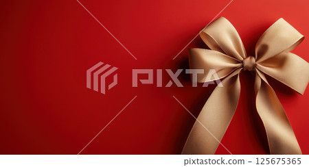 Elegant gold ribbon bow on vibrant red background, perfect for celebrations and festive occasions, AI Generative 125675365