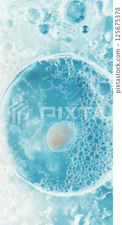 Close up view of a single cell surrounded by blue liquid and bubbles in a microscopic environment, AI Generative Close up view of a single cell surrounded by blue liquid and bubbles in a microscopic environment, AI Generative 125675378
