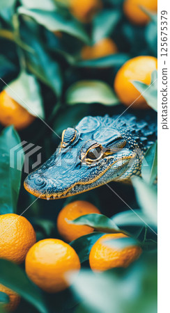 Crocodile surrounded by vibrant oranges in lush greenery, AI Generative Crocodile surrounded by vibrant oranges in lush greenery, AI Generative 125675379