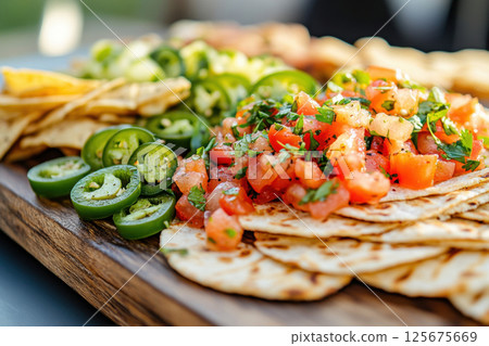 Freshly prepared mexican appetizer with tomato salsa, jalapeno slices, tortilla chips, and cilantro on artisan wood serving board, AI Generative 125675669
