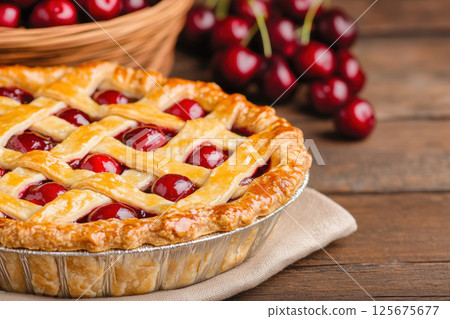 Freshly baked cherry pie with golden crust and basket of ripe cherries on wooden table, AI Generative 125675677