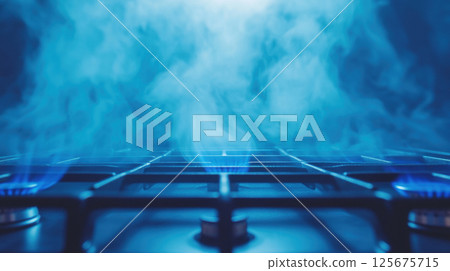 Blue flame on gas stove with rising steam in kitchen setting, AI Generative 125675715