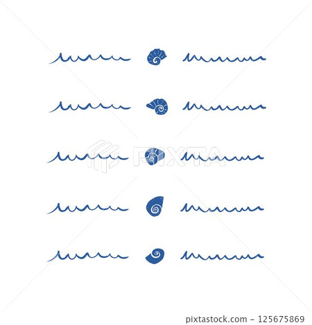 Marine dividers set with blue seashells and hand drawn wavy lines in doodle style for summer design Marine dividers set with blue seashells and hand drawn wavy lines in doodle style for summer design 125675869