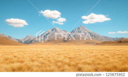 Serene mountain landscape with clear skies and majestic peaks overlooking a golden grassy plain, AI Generative 125675952