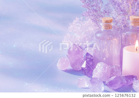 Lavender themed relaxation setup with crystals, candle, and soothing ambiance on a sparkling surface, AI Generative Lavender themed relaxation setup with crystals, candle, and soothing ambiance on a sparkling surface, AI Generative 125676132