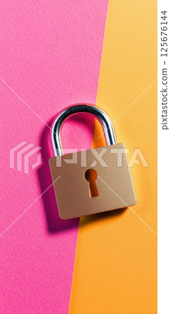 Minimalist metallic padlock on vibrant pink and orange background, AI Generative 125676144