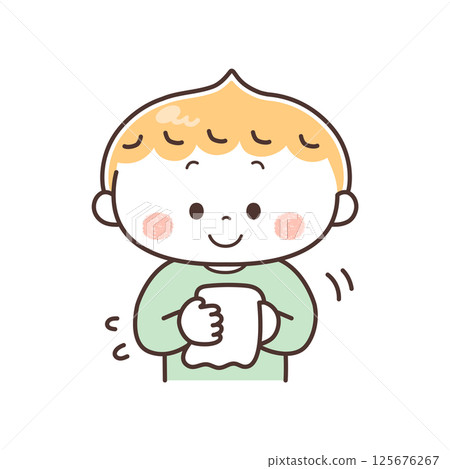 Illustration of a boy wiping wet hands 125676267