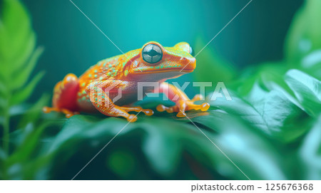 Vibrant tree frog resting on lush green leaves in a tropical jungle setting, AI Generative 125676368