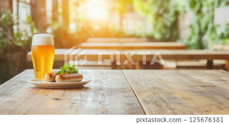 Refreshing pint of beer with grilled sausages on wooden table in sunny outdoor setting, AI Generative 125676381