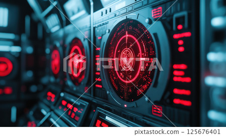 Futuristic command center with digital red interface displaying advanced technology and data analysis, AI Generative Futuristic command center with digital red interface displaying advanced technology and data analysis, AI Generative 125676401