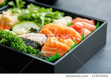 Gourmet sushi bento box with fresh salmon sashimi and assorted vegetables, AI Generative Gourmet sushi bento box with fresh salmon sashimi and assorted vegetables, AI Generative 125676402