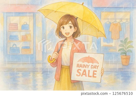 雨季雨天促銷/微笑的女人舉著牌子 125676510