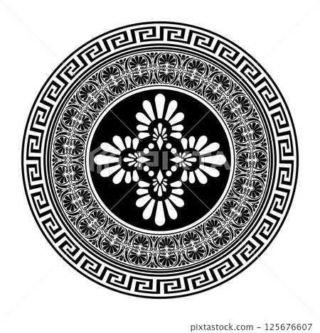 Greek black and white round ornament plate. Monochrome seamless greek round floral meander frame. Pattern of Greece, ancient Rome. Circle european border. Typical egyptian, assyrian, greek motive 125676607