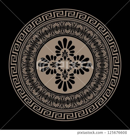 Golden seamless classic greek round floral meander frame. Golden Greek meander plate. Patterns of Greece and ancient Rome. Circle european border. Typical egyptian, assyrian, greek motive for plate Golden seamless classic greek round floral meander frame. Golden Greek meander plate. Patterns of Greece and ancient Rome. Circle european border. Typical egyptian, assyrian, greek motive for plate 125676608