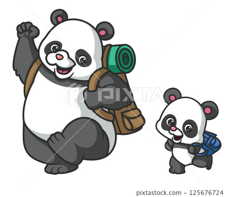 Panda traveler hiker travels with camping rucksack and mat. Happy panda backpacker ready for adventure of illustration 125676724