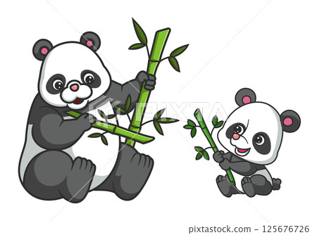 Big panda teaches little panda to eating bamboo of illustration 125676726