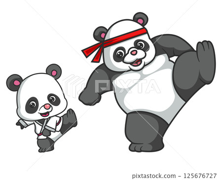 Big panda teaches little panda self-defense by kicking of illustration 125676727