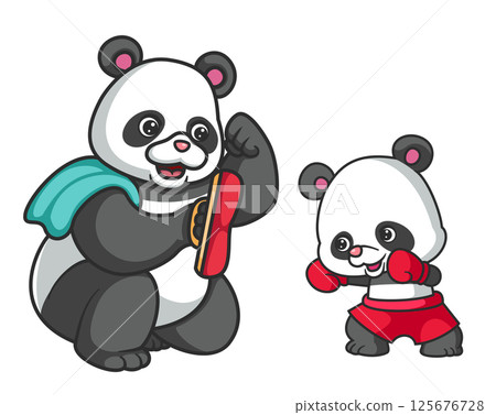 Big panda teaches little panda boxing of illustration 125676728