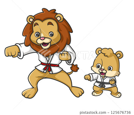 The big lion teaches the little lion the sport of karate of illustration The big lion teaches the little lion the sport of karate of illustration 125676736