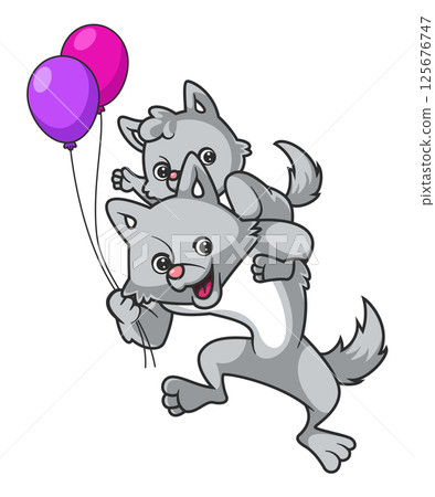 Big wolf holding little wolf and playing with balloons of illustration 125676747