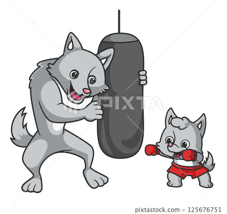 Big wolf teaches little wolf boxing of illustration Big wolf teaches little wolf boxing of illustration 125676751