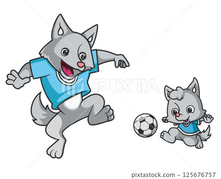 A big wolf with a baby wolf is playing football of illustration A big wolf with a baby wolf is playing football of illustration 125676757