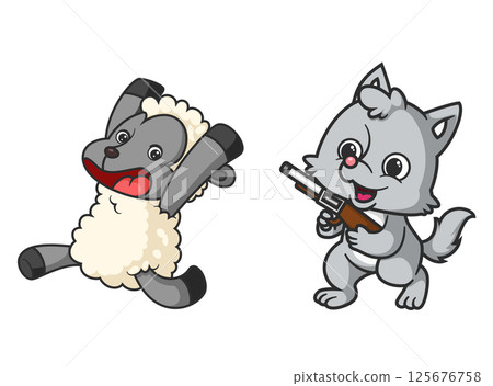 sheep being chased by a little wolf carrying a hunting rifle of illustration 125676758