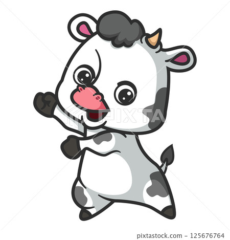 happy cute cow dancing cartoon character of illustration 125676764