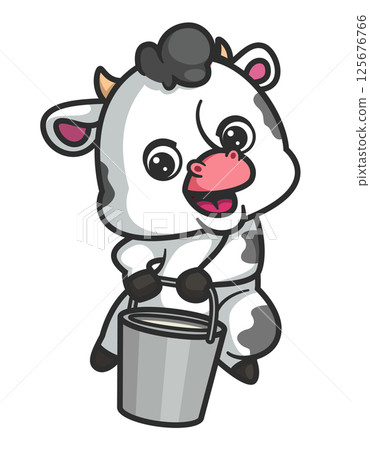 cute cow carrying aluminum bucket of cow's milk of illustration 125676766