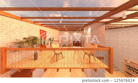 Living room with large windows 125676814