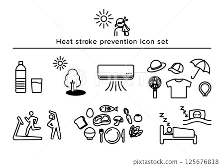 Heat stroke prevention icon set (simple line drawing) Heat stroke prevention icon set (simple line drawing) 125676818