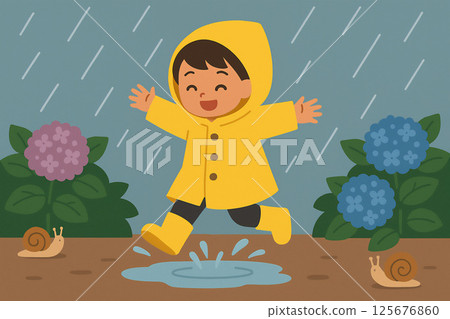 Children playing happily in raincoats in the rain 125676860